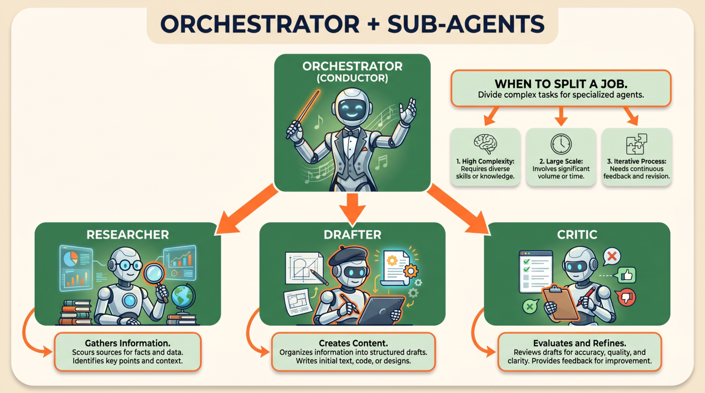 Infografía: orquestador con investigador, redactor y crítico
