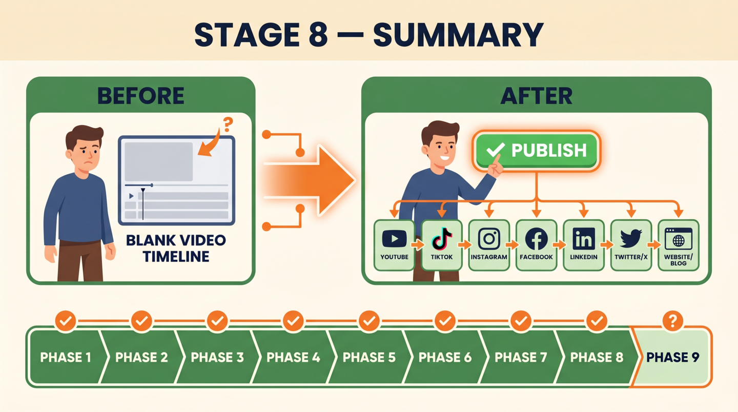 Infografía: resumen de lo aprendido en la Etapa 8 sobre vídeo con IA