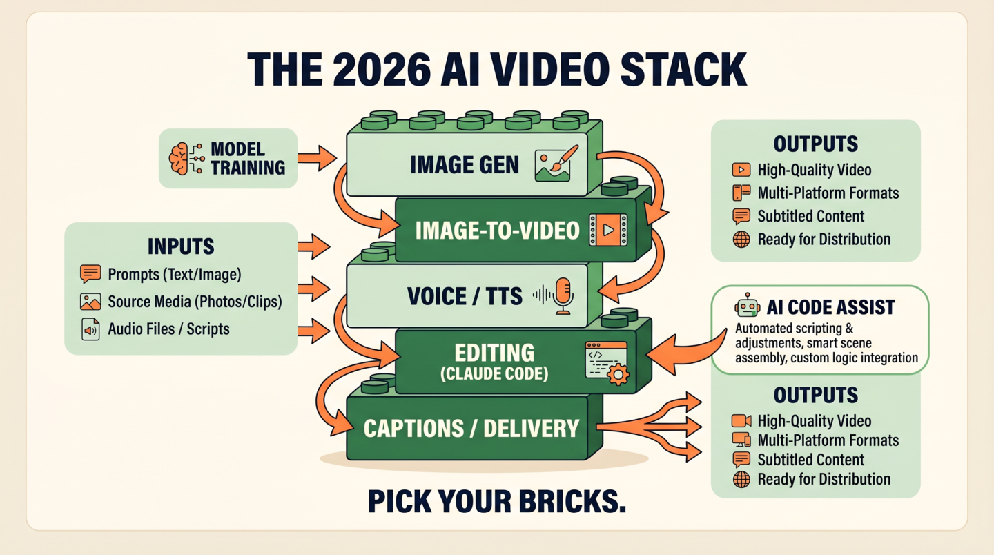 Infografía: las cuatro capas del stack de vídeo IA — imagen, movimiento, voz y montaje
