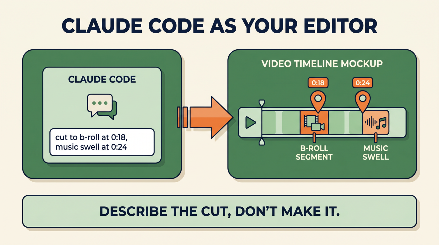 Infografía: Claude Code como editor de vídeo, del transcript a la lista de cortes